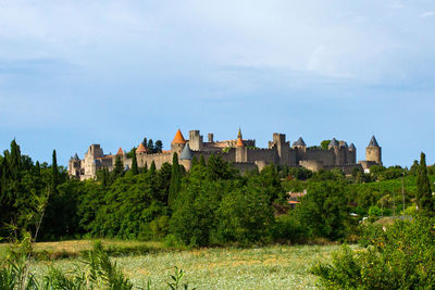 Trees growing by castle against sky