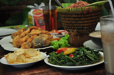 Close-up of food served on table