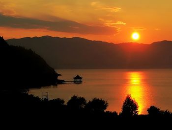 Scenic view of sea against orange sky