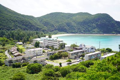 High angle view of buildings against sky