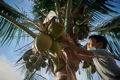 Low angle view of man standing by tree