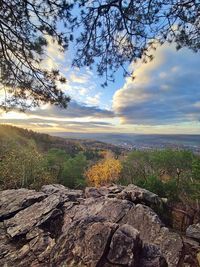 Scenic view of rocks by trees against sky