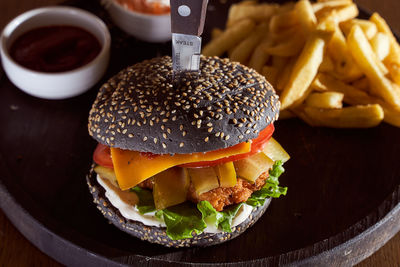 Close-up of served food on table