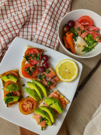 High angle view of food served on table