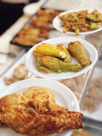 High angle view of food served in plates