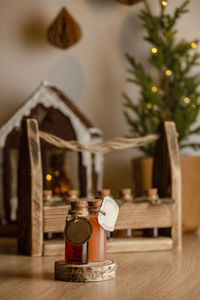 Close-up of christmas decorations on table