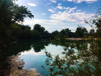 Scenic view of lake by trees against sky