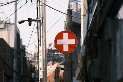 Road sign against buildings in city