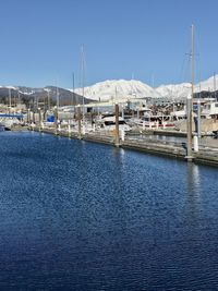 View of marina at harbor against clear blue sky