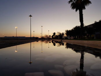 Reflections in the water at dusk. olive tree garden at ccb - belem cultural center