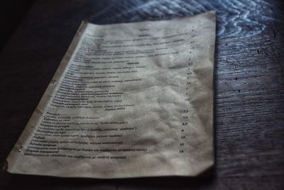 High angle view of open book on table