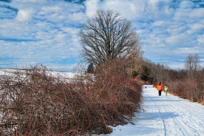 Rear view of people walking on snow covered landscape