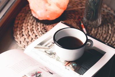 High angle view of coffee on table