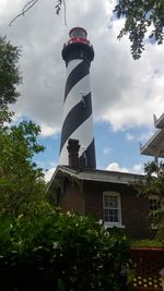 Low angle view of lighthouse by building against sky