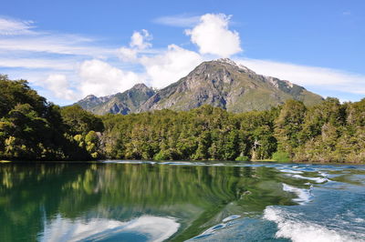 Scenic view of lake against cloudy sky