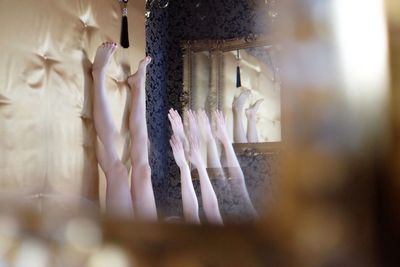 Close-up of clothes hanging on wall