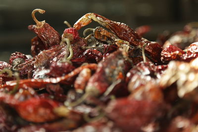 Close up of dry red chili peppers