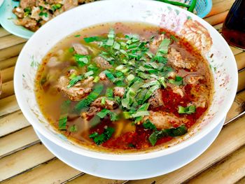 High angle view of soup in bowl on table