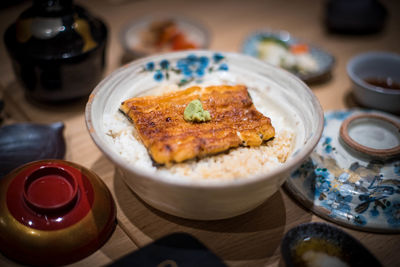 High angle view of meal served on table