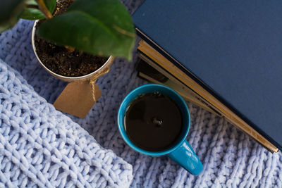 High angle view of coffee on table