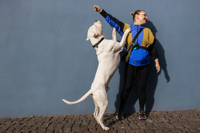 Rear view of man with dog standing against clear sky