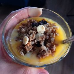 Close-up of hand holding ice cream in bowl