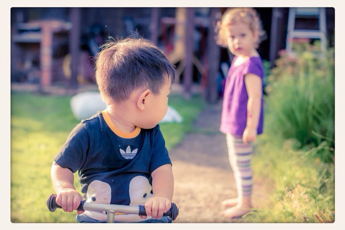 childhood, elementary age, boys, innocence, girls, focus on foreground, cute, lifestyles, leisure activity, person, casual clothing, playing, togetherness, playful, park - man made space, transfer print, love