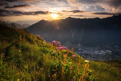 Scenic view of mountains against sky during sunset