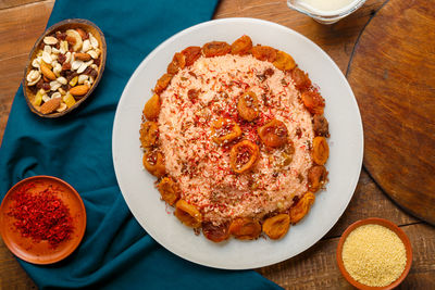 High angle view of food in plate on table