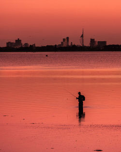 Sunset of fisherman from a hayling island, skyline and spinnaker tower / portsmouth 