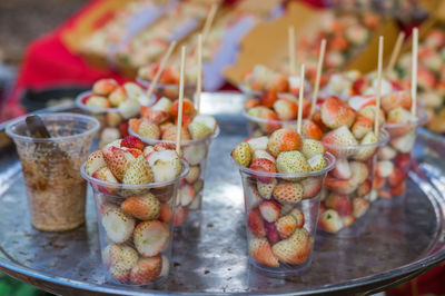 Close-up of fruits served on table