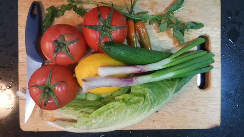 High angle view of vegetables on table