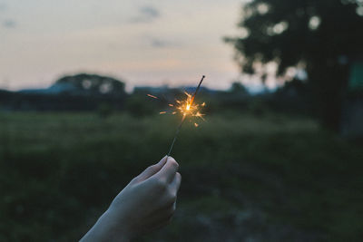 Person hand against sky