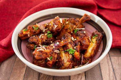 High angle view of food in bowl on table