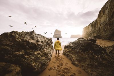 Rear view of man walking on rock by sea