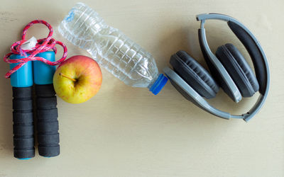 High angle view of apple and fruits on table