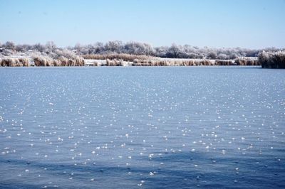 Scenic view of sea against clear sky during winter