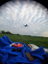 Airplane flying over land against sky