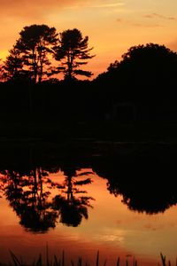 Silhouette trees by lake against sky during sunset