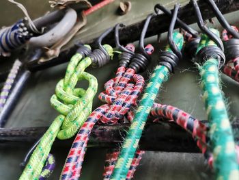 High angle view of ropes on metal