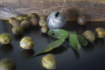 High angle view of dry coconuts on table