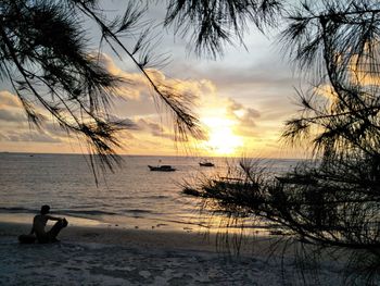 Silhouette person on beach against sky during sunset