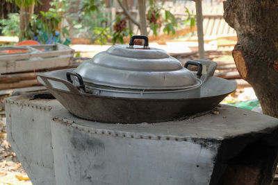 Close-up of old rice cooker at thailand