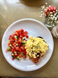 High angle view of breakfast served on table