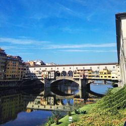 Bridge over river by buildings against sky