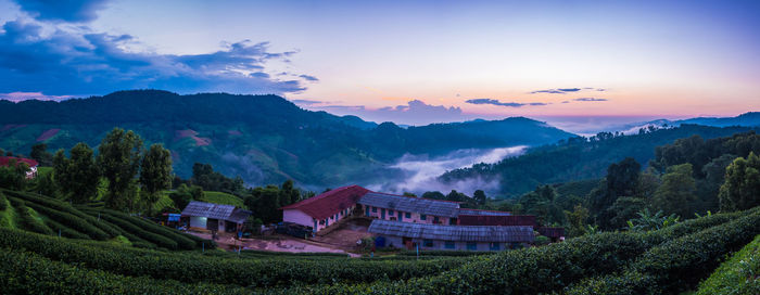 Scenic view of mountains against sky during sunset