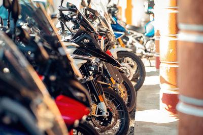 Motorcycles group parking on city street during adventure journey. motorcyclists community.