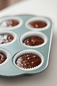 Close-up of cupcakes served on table