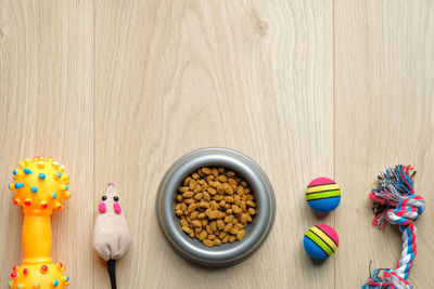 High angle view of multi colored toys on table