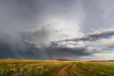 Scenic landscape with dramatic thunderstorm clouds near ekalaka, montana.